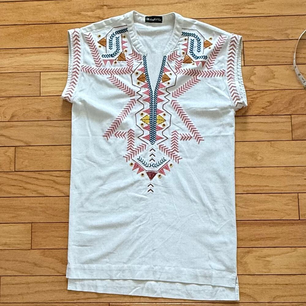 The Lankford Line White Sleeveless Tunic Pink Gold Aztec Embroidery Boho Top